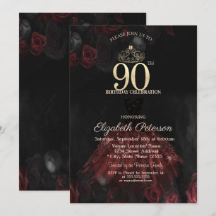 Invitación Vestido, Tiara, Roses Rojos 90 cumpleaños
