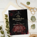 Invitación Vestido, Tiara, Roses Rojos Dulce 16<br><div class="desc">Tiara dorada,  vestido elegante y rosas rojas sobre una textura negra.</div>