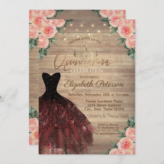 Invitación Vestido, Tiara, String Luces Rosas de madera Quinc (Anverso / Reverso)