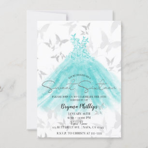 Invitación Vestido Turquesa Baile de Mariposa Fiesta Dulces 1