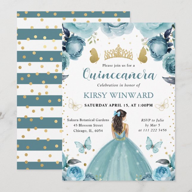Invitación Vestido Turquesa Cabello Castaño Princesa Quinceañ (Anverso / Reverso)