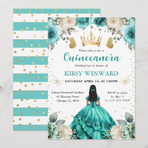 Invitación Vestido Turquesa Cabello Negro Princesa Quinceañer