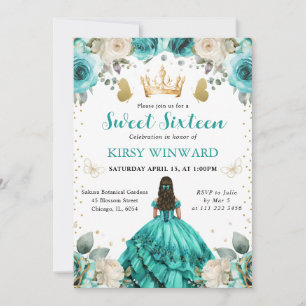 Invitación Vestido Turquesa Morena Princesa Dulces 16