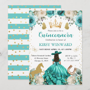 Invitación Vestido Turquesa Morena Princesa Quinceañera