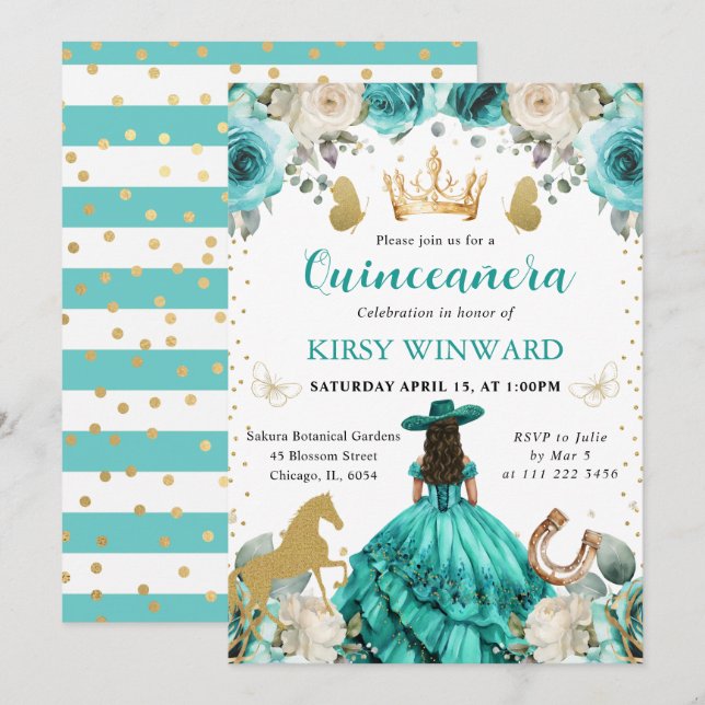 Invitación Vestido Turquesa Morena Princesa Quinceañera (Anverso / Reverso)