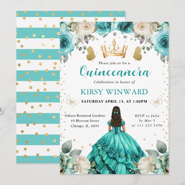 Invitación Vestido Turquesa Morena Princesa Quinceañera (Anverso / Reverso)