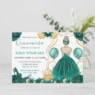 Invitación Vestido Verde Azul Cabello Rubio Princesa Quinceañ