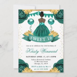 Invitación Vestido Verde Azul Princesa de Piel Oscura Cumple 