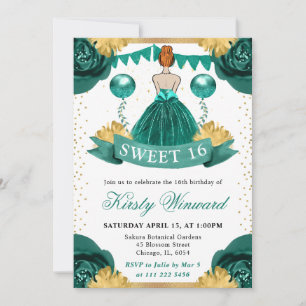 Invitación Vestido Verde Azul Princesa Pelirroja Dulces 16
