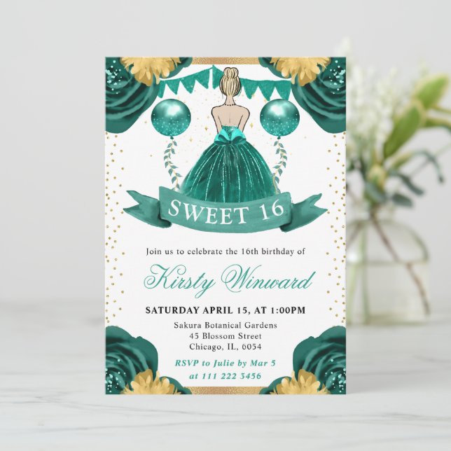 Invitación Vestido Verde Azul Princesa Rubio Cumple 16 (Anverso de pie)