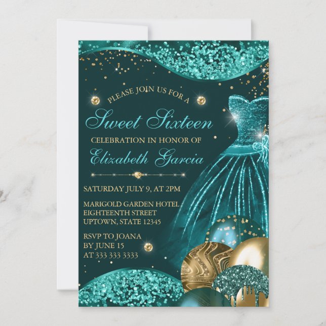 Invitación Vestido verde azulado y globos Purpurina de oro Du (Anverso)