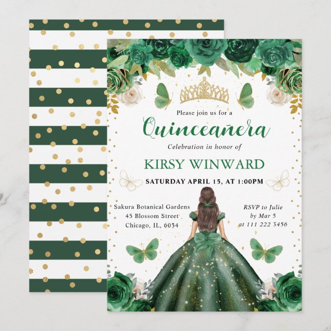 Invitación Vestido verde Brunette Princess Quinceanera (Anverso / Reverso)