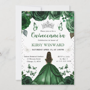 Invitación Vestido Verde Cazador Quinceañera Morena
