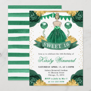 Invitación Vestido verde de acuarela Princesa rubia Dulces 16