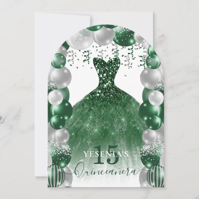 Invitación Vestido verde de espuma blanca con globo Quinceañe (Anverso)