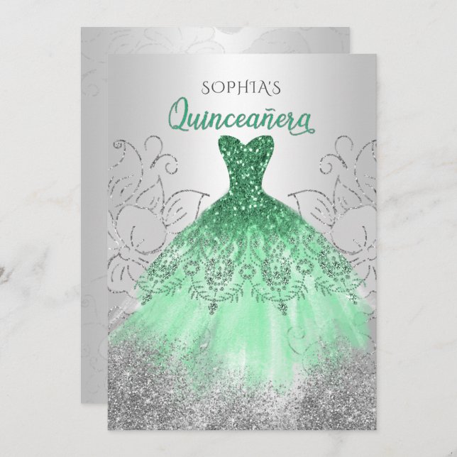 Invitación Vestido verde de espuma de plata Quinceañera Quinc (Anverso / Reverso)