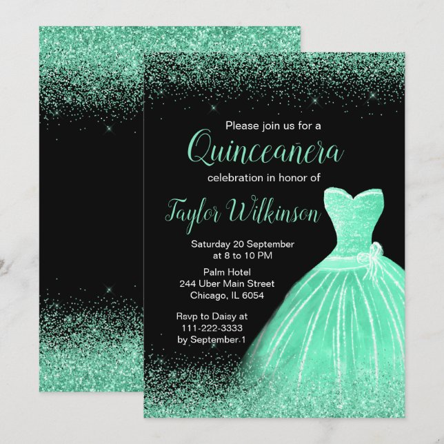 Invitación Vestido verde de menta Purpurina de Faux Quinceane (Anverso / Reverso)