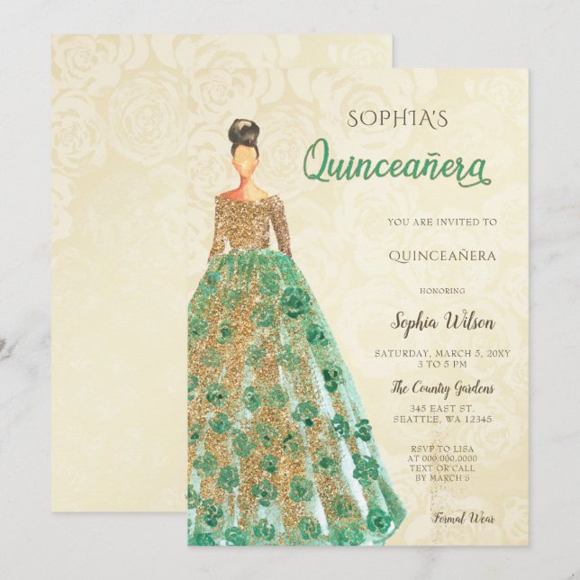 Invitación Vestido verde esmeralda de oro Quinceanera (Anverso / Reverso)