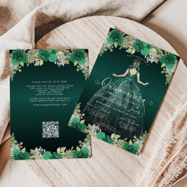 Invitación Vestido verde esmeralda floral Cumpleaños QR Quinc