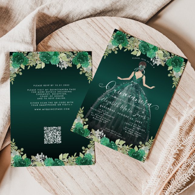 Invitación Vestido verde esmeralda floral Cumpleaños QR Quinc (Subido por el creador)