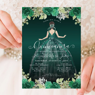 Invitación Vestido verde esmeralda floral Cumpleaños Quincean