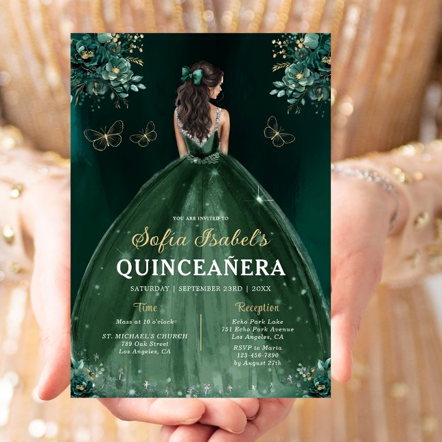 Invitación Vestido verde esmeralda floral Cumpleaños Quincean (Subido por el creador)
