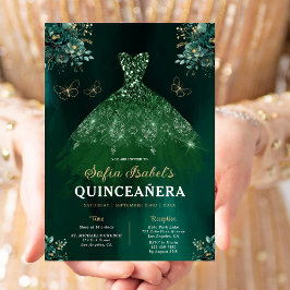 Invitación Vestido verde esmeralda floral Cumpleaños Quincean