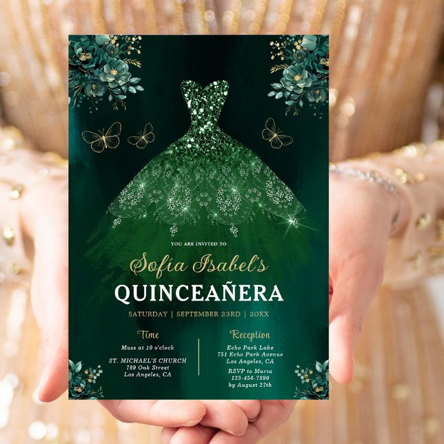 Invitación Vestido verde esmeralda floral Cumpleaños Quincean (Subido por el creador)