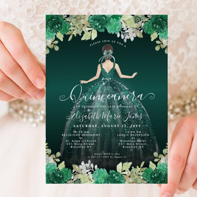 Invitación Vestido verde esmeralda floral Cumpleaños Quincean (Subido por el creador)
