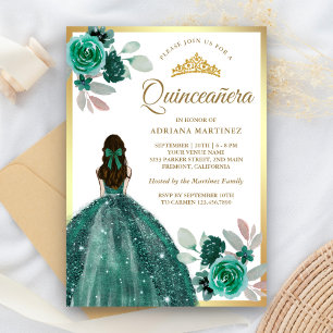 Invitación Vestido Verde Esmeralda Floral Oro Quinceañera