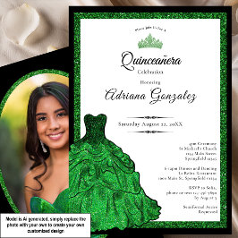 Invitación Vestido Verde Esmeralda Foto Personalizada Quincea