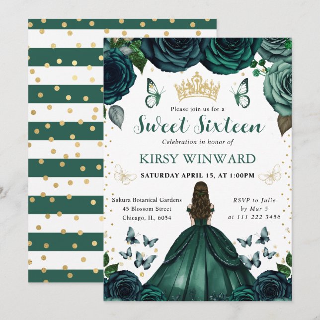 Invitación Vestido Verde Esmeralda Princesa Morena Dulce 16 (Anverso / Reverso)