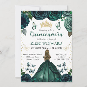 Invitación Vestido Verde Esmeralda Princesa Rubia Quinceañera