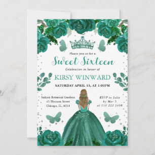Invitación Vestido Verde Esmeralda Princesa Rubia Sweet 16