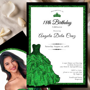 Invitación Vestido Verde Esmeralda y Diadema Debut Cumpleaños