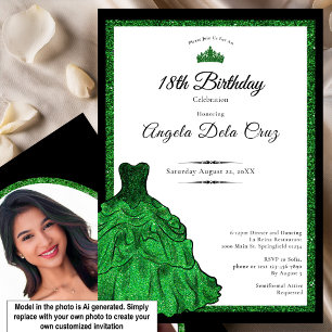 Invitación Vestido Verde Esmeralda y Diadema Debut Cumpleaños