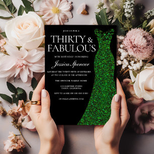 Invitación Vestido Verde Esmeralda y Fiesta de Cumpleaños 30