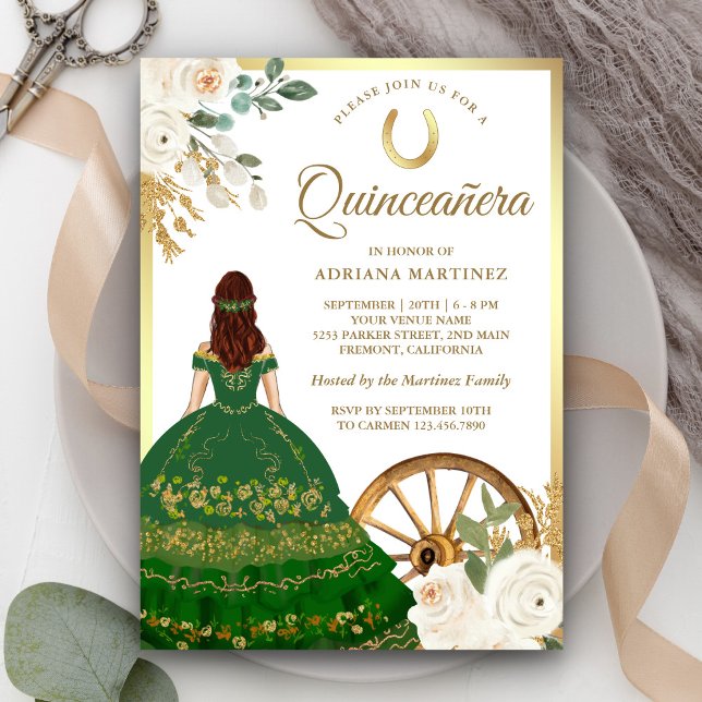Invitación Vestido verde marfileño Charro Oro Quinceanera (Subido por el creador)