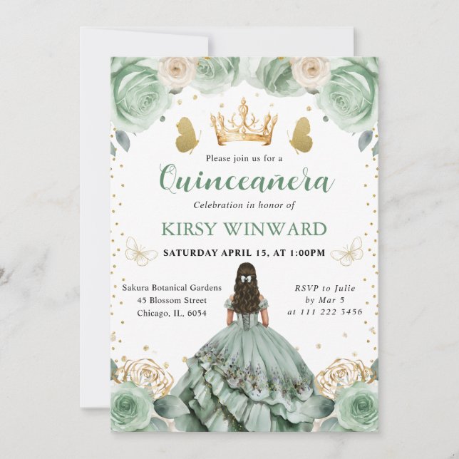 Invitación Vestido Verde Menta Princesa Morena Quinceañera (Anverso)