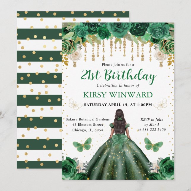 Invitación Vestido Verde Oscuro Cumpleaños Princesa Piel Oscu (Anverso / Reverso)