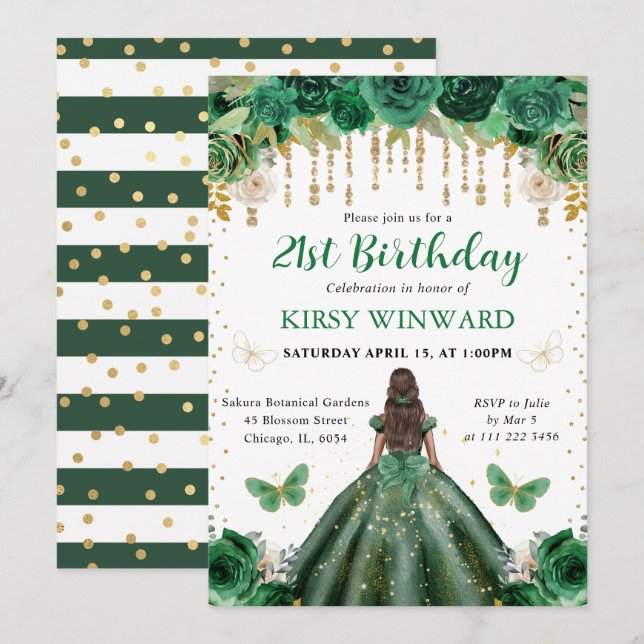 Invitación Vestido Verde Oscuro Cumpleaños Princesa Piel Oscu (Anverso / Reverso)