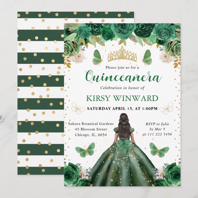 Invitación Vestido verde oscuro princesa de piel oscura Quinc (Anverso / Reverso)