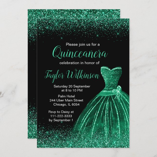 Invitación Vestido verde oscuro Purpurina de Faux Quinceanera (Anverso / Reverso)