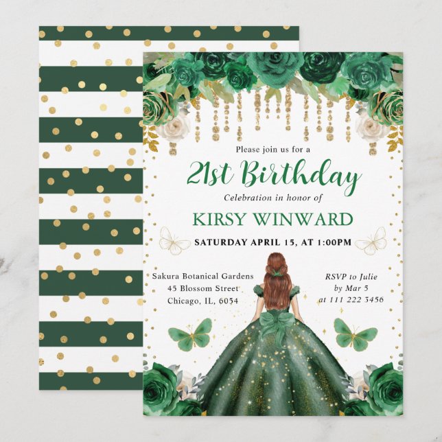 Invitación Vestido Verde Oscuro Red Haired Princess Birthday (Anverso / Reverso)