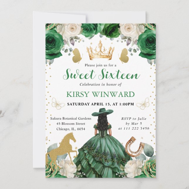 Invitación Vestido Verde Piel Oscura Princesa Occidental Dulc (Anverso)