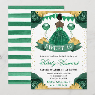 Invitación Vestido Verde Princesa De Piel Oscura Dulces 16