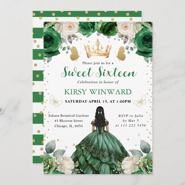 Invitación Vestido verde princesa occidental dulce 16 (Anverso / Reverso)