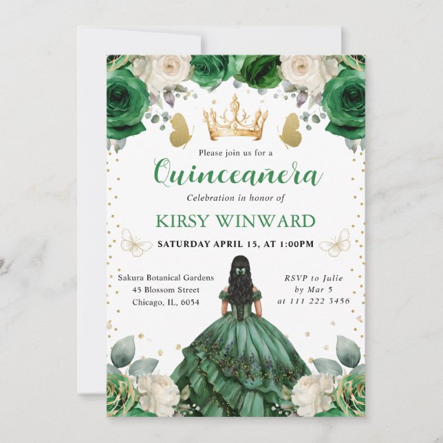 Invitación Vestido verde Princesa Occidental Quinceanera (Anverso)