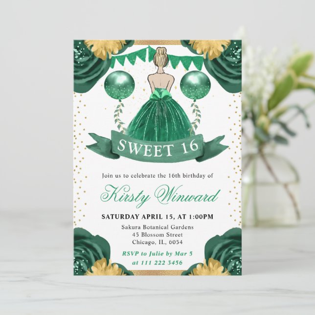 Invitación Vestido verde rubia cabello Princesa Dulce 16 (Anverso de pie)