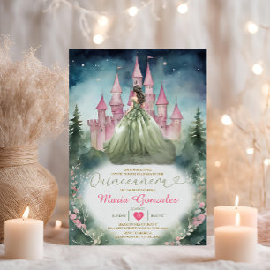 Invitación Vestido verde sabio Castillo Rosa 16 Quinceañera